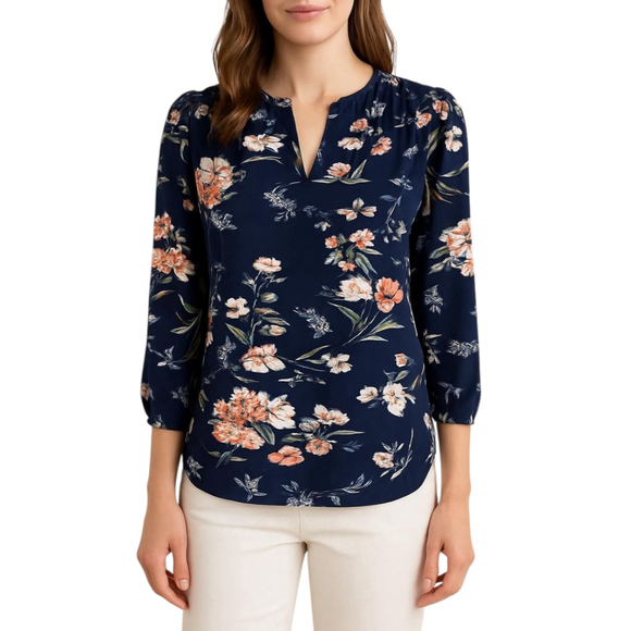 Fun 2 Fun Women's Navy Blue Floral Print V-Neck Long Sleeve Blouse Size XS NWOT - Picture 1 of 15
